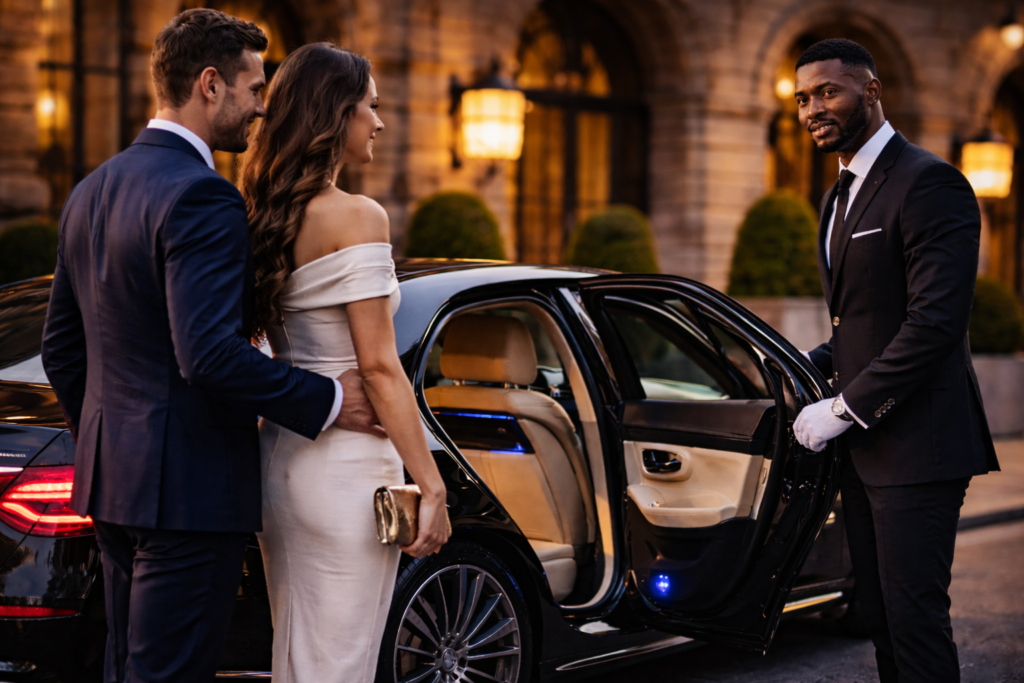 Professional chauffeur welcoming an elegantly dressed couple beside a black Mercedes S Class outside a luxury hotel at night.