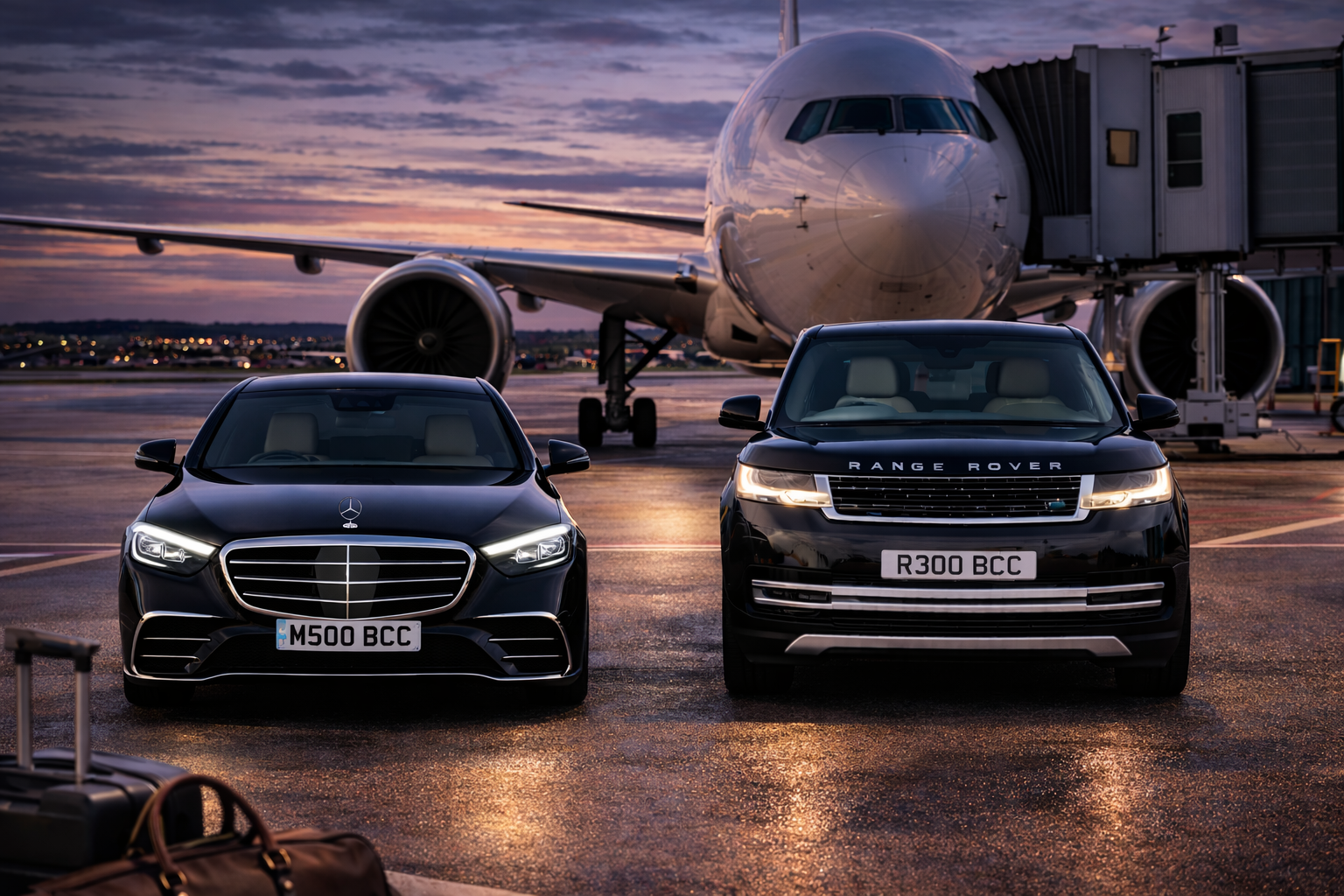 Black Mercedes S Class and black Range Rover parked on airport tarmac at twilight with a passenger jet behind them.