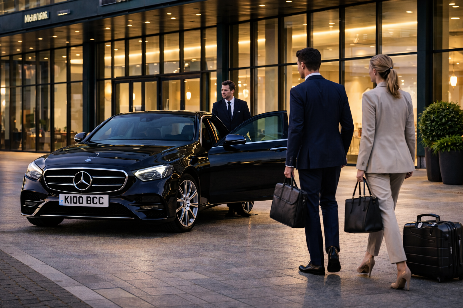 Black Mercedes E Class with BCC registration parked outside a modern office building as a chauffeur welcomes business clients.
