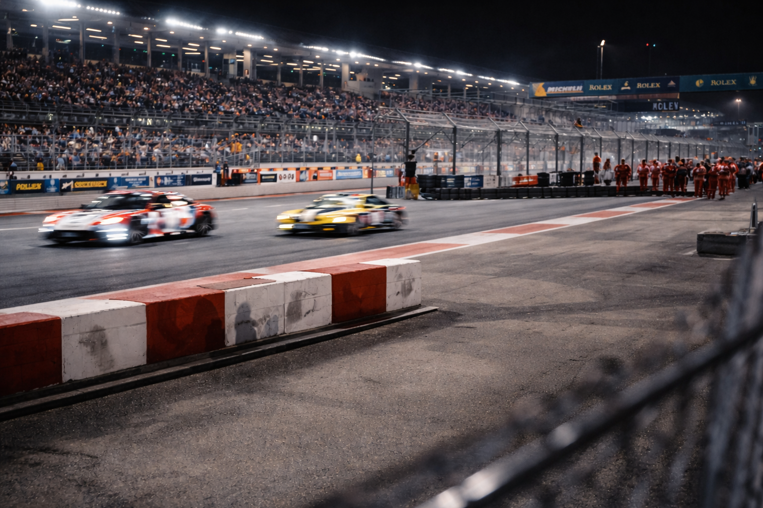 Nighttime motorsport event with racing cars speeding past packed grandstands under floodlights.