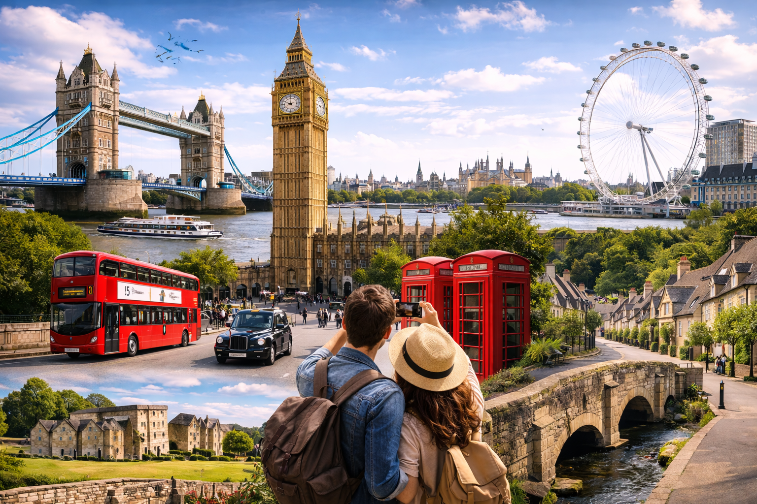 Landscape view of iconic UK landmarks including Big Ben, Tower Bridge, the London Eye, and a historic countryside village under clear skies.