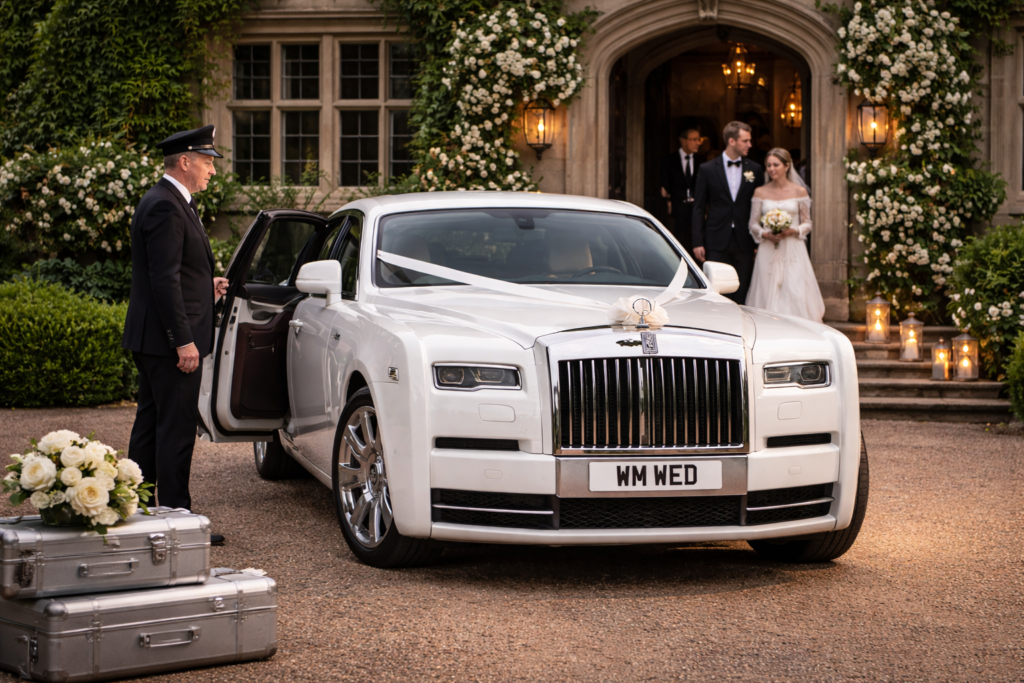 White Rolls Royce Phantom wedding car parked outside a grand manor with a chauffeur and newlyweds.